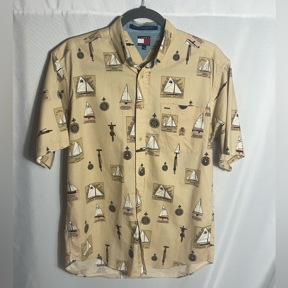 Vintage Tommy Hilfiger Nautical Shirt XL Sailboats Compass Print 100% Cotton